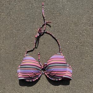 Victoria’s Secret 32C The Fabulous pink striped bikini top halter tie back tie